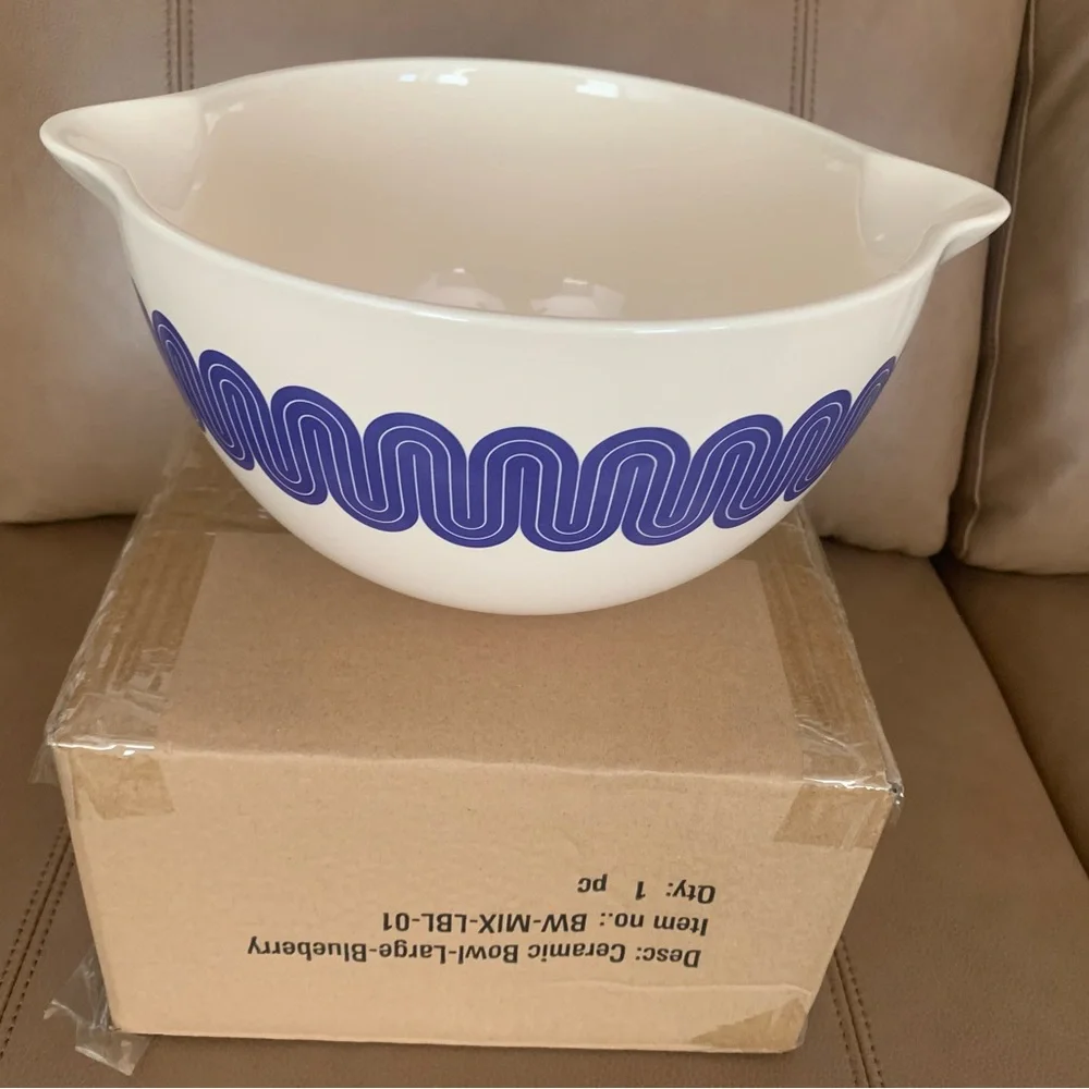 White Ceramic Mixing Bowl with Blue Retro Wave Pattern